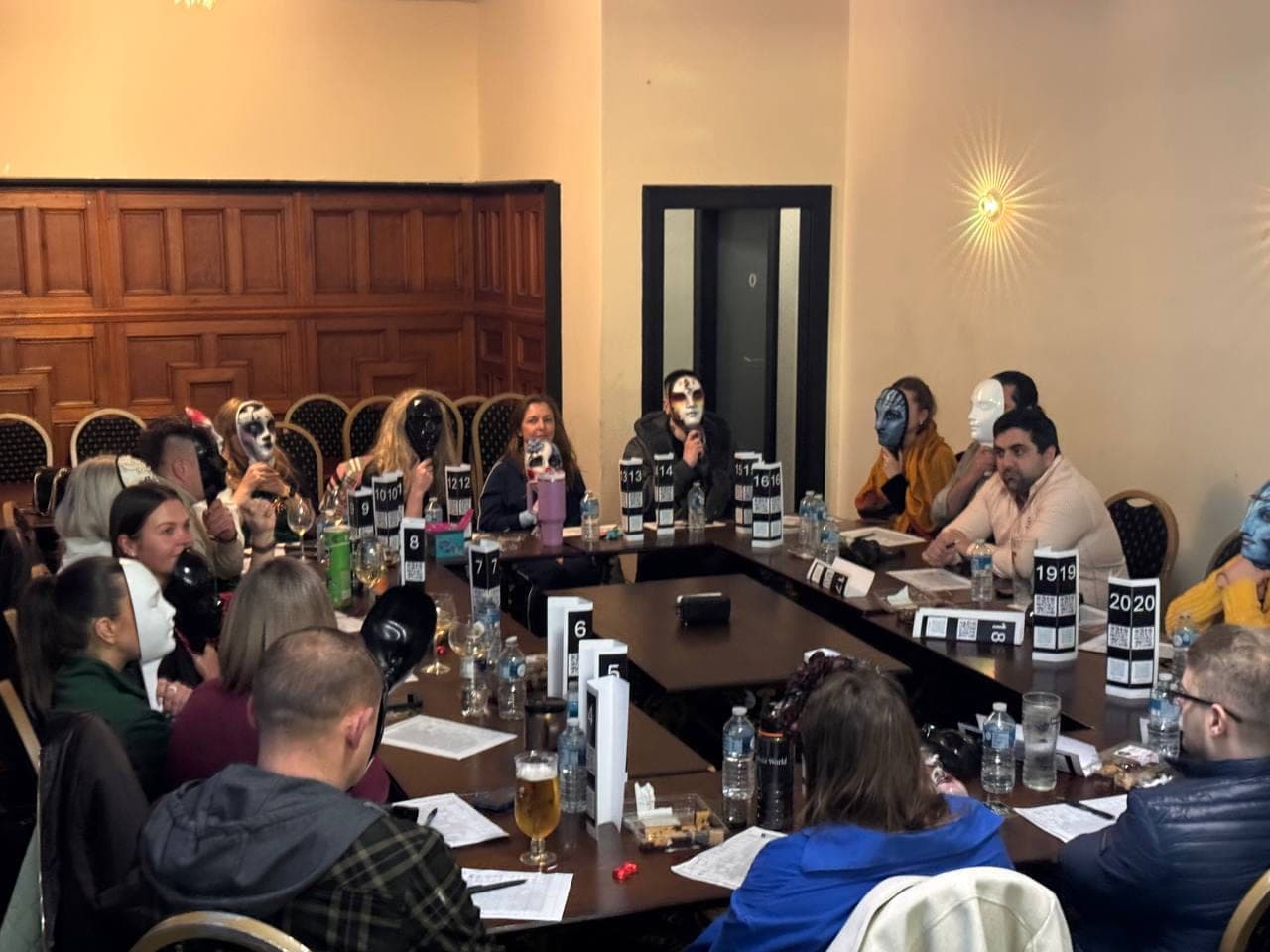 A corporate team around the table mid-game at a Mafia Kilty session